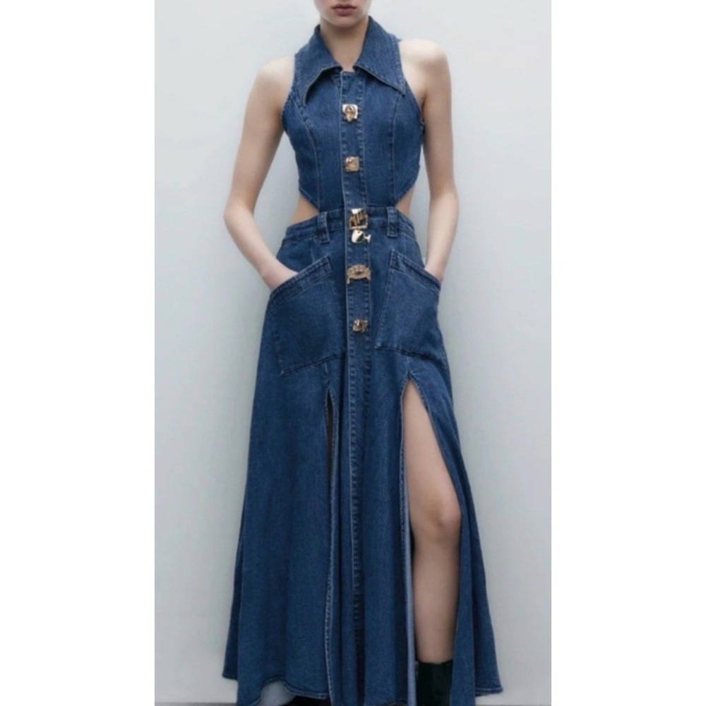 Denim Maxi Halter Dress with Front Slit